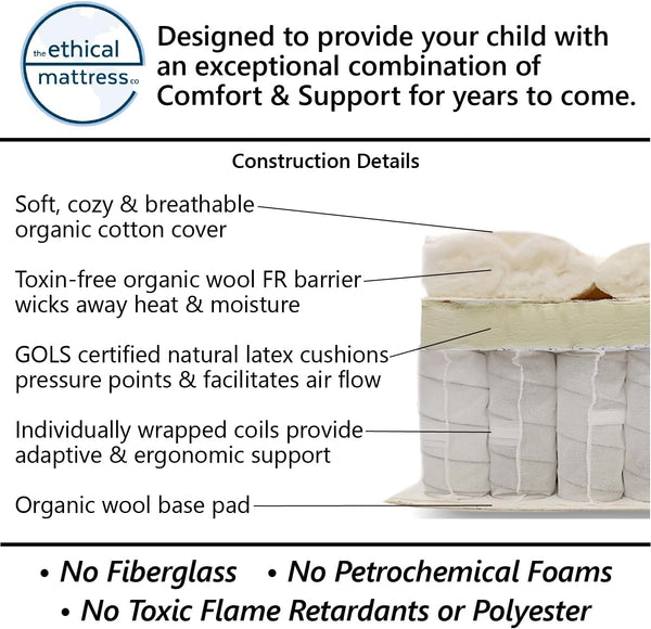 6" Kids Mattress – Organic Cotton, Wool & Latex with Pocketed Coils, Bed in a Box