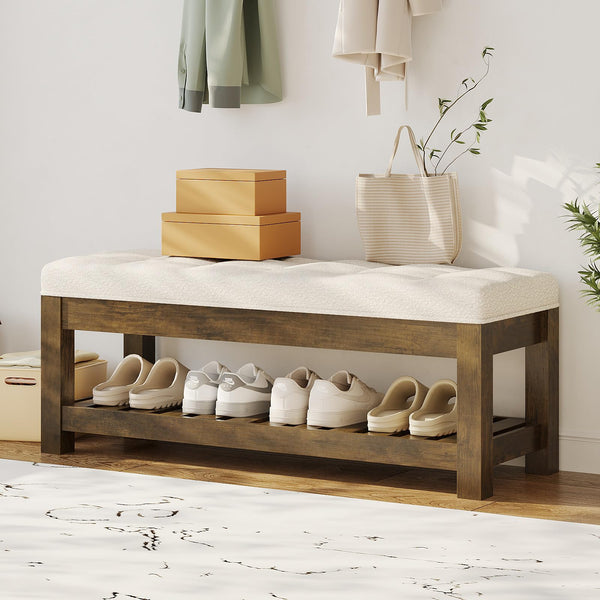 Tufted Linen Ottoman Bench with Wood Shelf
