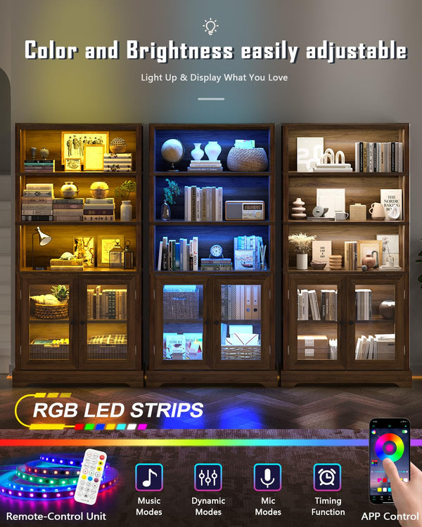5-Tier Bookshelf with Ambient Lighting and Cabinet Doors