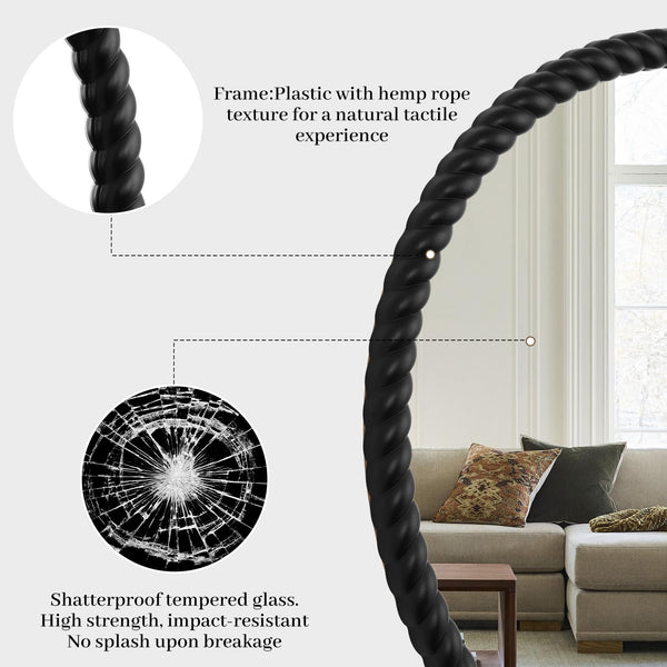 30" Round Wall Mirror with Rope Frame – Black