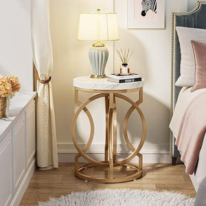 Round End Table Set of 2 – Faux Marble White & Gold Metal Base