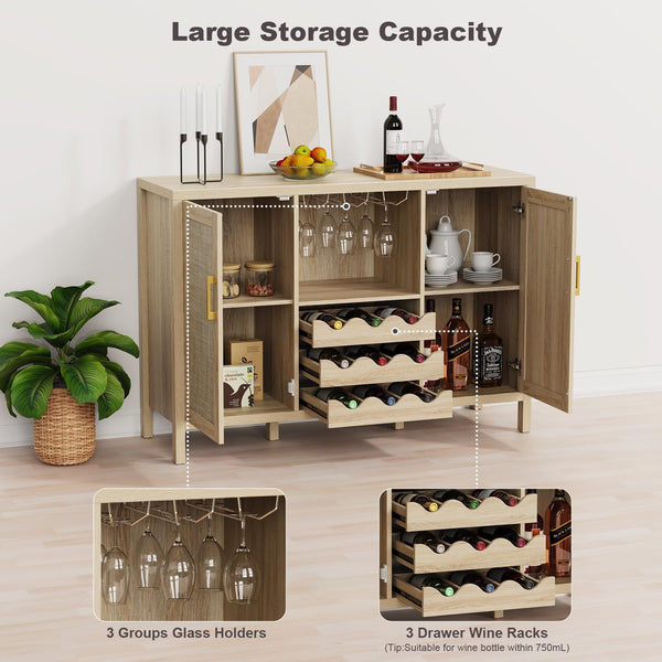 Rattan Wine Bar Cabinet with Glass Holder & Sideboard Storage