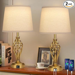 Touch Bedside Table Lamps Set of 2 with USB Charging Ports
