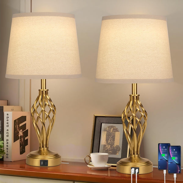 Touch Bedside Table Lamps Set of 2 with USB Charging Ports