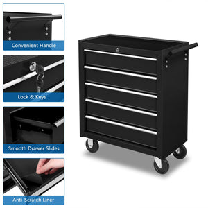 5-Drawer Rolling Tool Chest with Lockable Wheels & Top Cushion