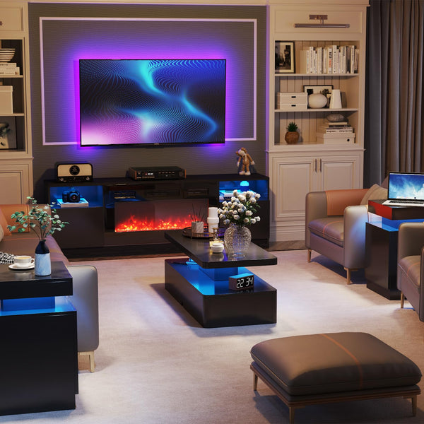 LED Coffee Table with Storage & Double-Layer Shelves