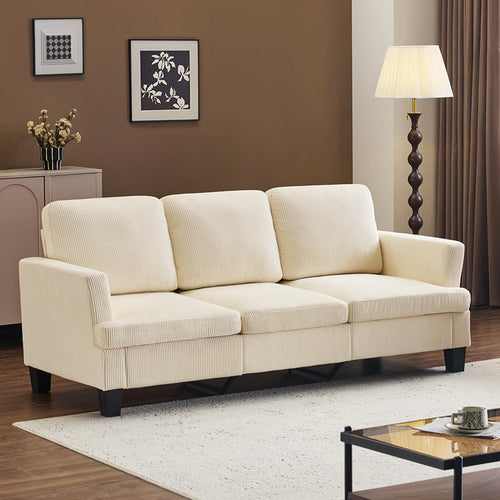 Beige Corduroy 3-Seater Sofa with Deep Seat