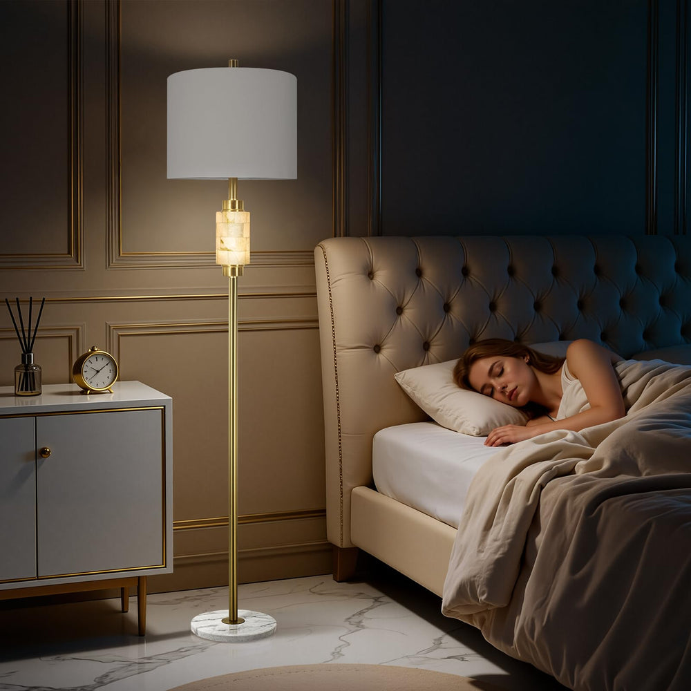Gold Marble Base Floor Lamp with Night Light & Linen Shade