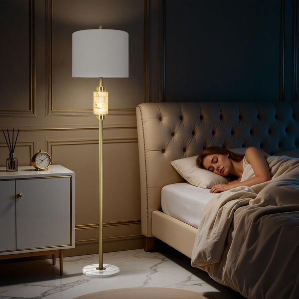 Gold Marble Base Floor Lamp with Night Light & Linen Shade