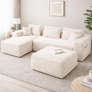 L-Shaped Sectional Sofa with Ottoman – Beige Plush