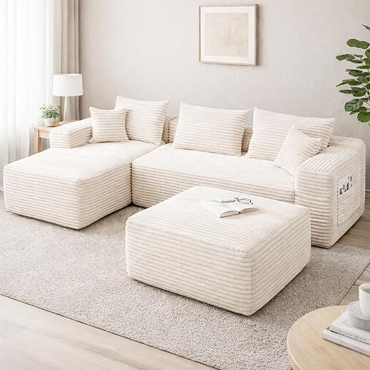 L-Shaped Sectional Sofa with Ottoman – Beige Plush