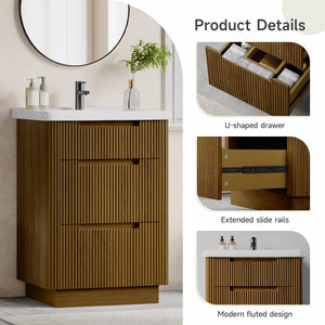 24" Fluted Bathroom Vanity with Integrated Ceramic Sink & 3 Drawers