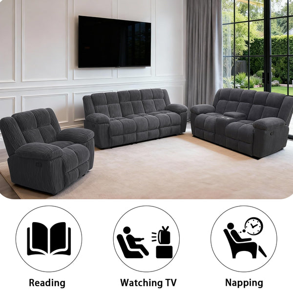 3-Piece Recliner Sofa Set with Storage & Cup Holders