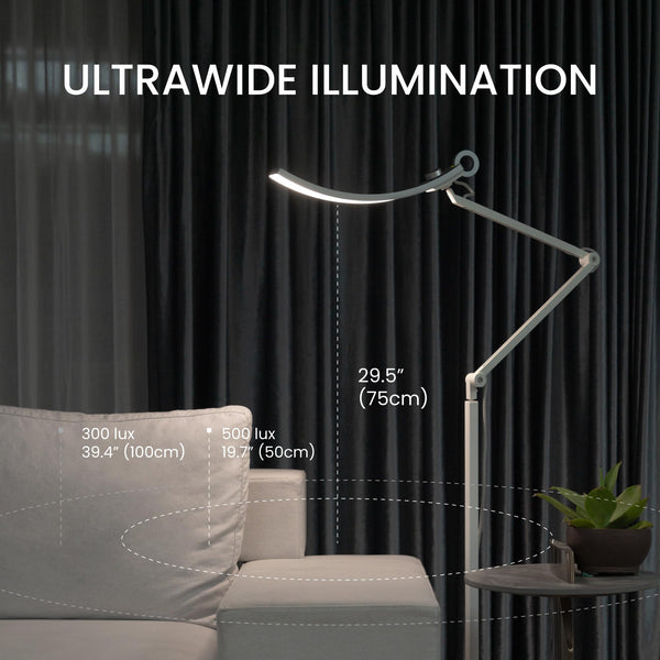 e-Reading Floor Lamp – Dimmable, 13 Color Modes, Adjustable Arm, Matte Silver