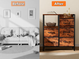 5-Drawer Fabric Dresser with 2-Tier Shelf