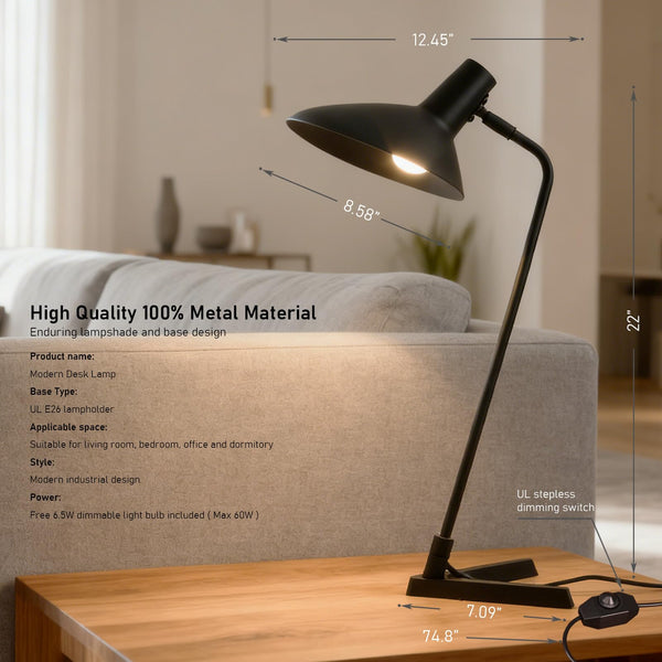 22" Industrial Metal Desk Lamp with Adjustable Neck & Stepless Dimmer