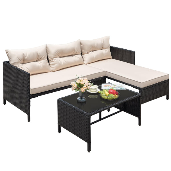 3-Piece Outdoor Wicker Rattan Sectional Sofa Set with Coffee Table