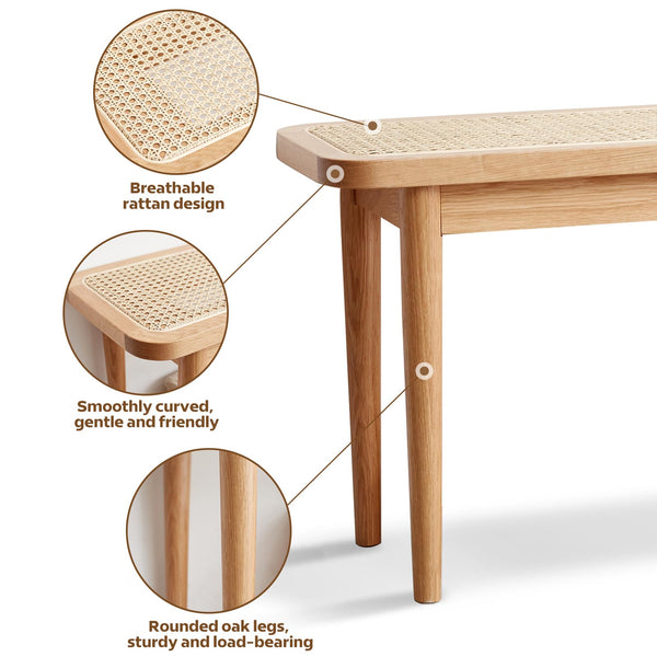 Solid Oak Wood Bench with Rattan Detail