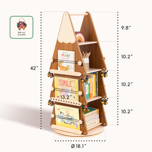 360° Rotating Tree Bookshelf – 4-Tier Pine Wood Floor Standing Bookcase
