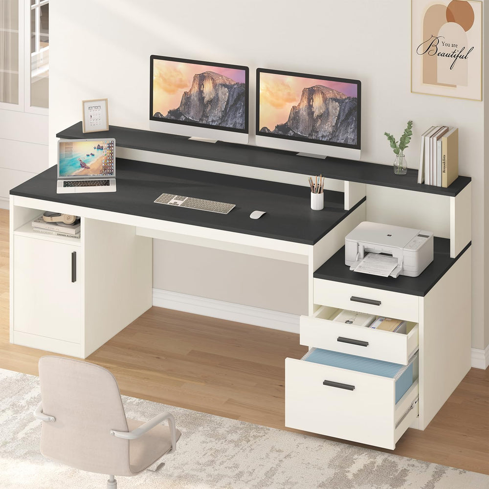 65 Inch Computer Desk with File Cabinet, Storage Shelves & Monitor Stand