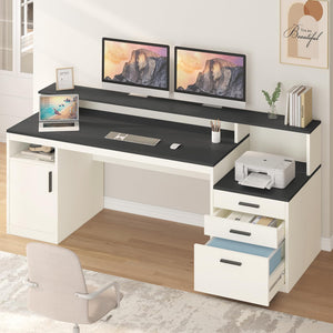 65 Inch Computer Desk with File Cabinet, Storage Shelves & Monitor Stand