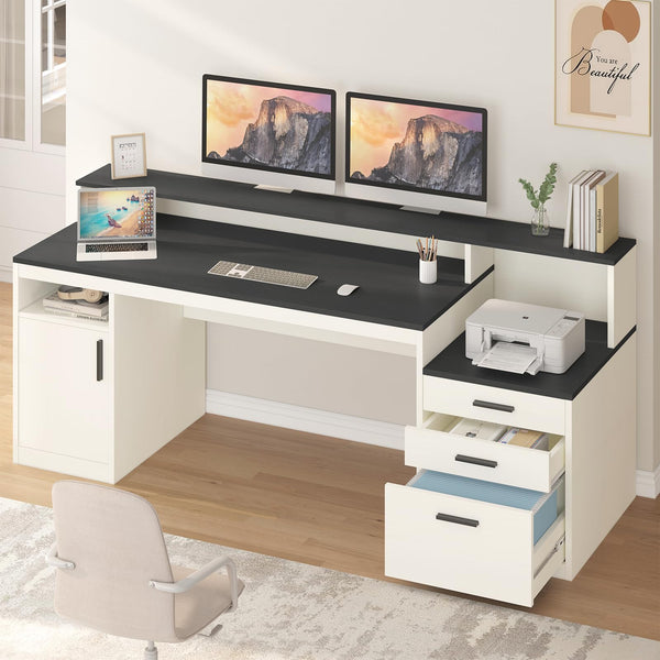 65 Inch Computer Desk with File Cabinet, Storage Shelves & Monitor Stand