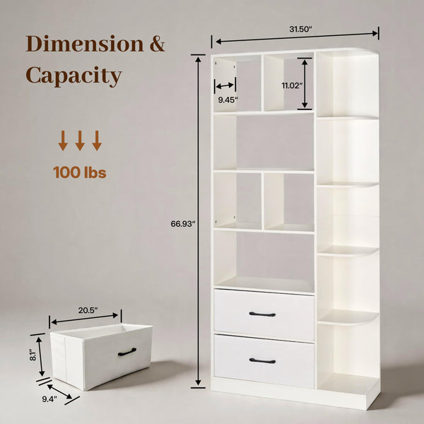 5-Tier Bookshelf with 2 Fabric Drawers – White & Black