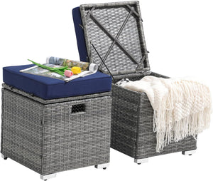 Outdoor Storage Ottoman Set of 2 – PE Rattan Wicker with Cushion