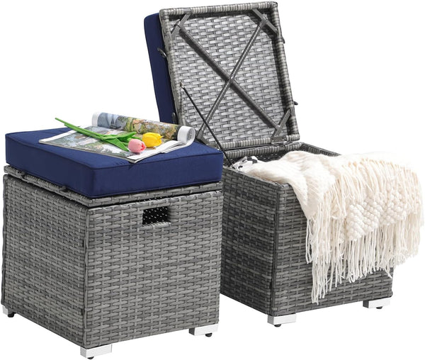 Outdoor Storage Ottoman Set of 2 – PE Rattan Wicker with Cushion