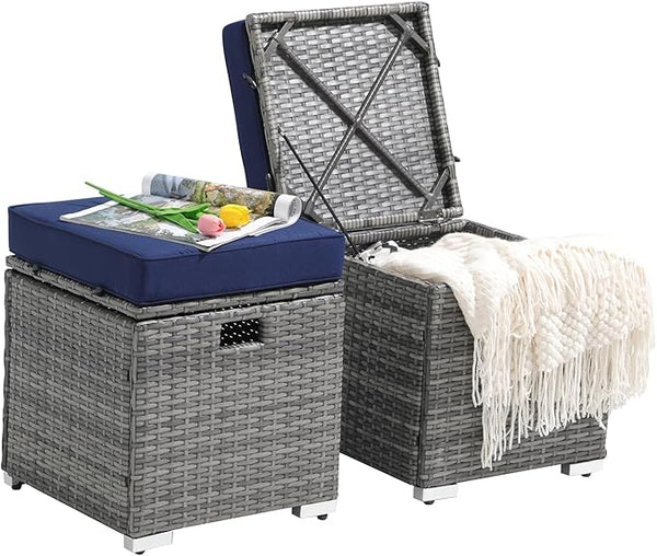 2-Piece Outdoor Patio Storage Ottomans with Cushions