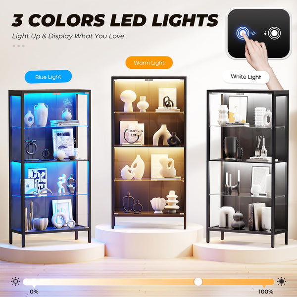 4-Tier Glass Display Cabinet with LED Lights & Motion Sensor