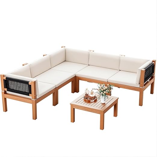 Acacia Wood Outdoor Sectional Sofa Set with Coffee Table