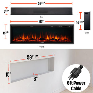 60-Inch Recessed Electric Fireplace Heater with Color Changing Flames