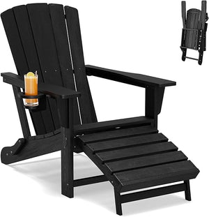 Folding Adirondack Chair with Retractable Ottoman & Cup Holder — HDPE All-Weather Outdoor Lounge Chair