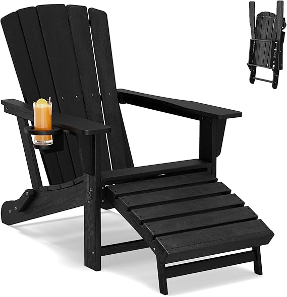Folding Adirondack Chair with Retractable Ottoman & Cup Holder — HDPE All-Weather Outdoor Lounge Chair