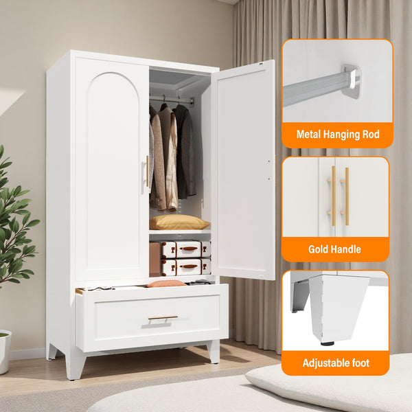 Metal Wardrobe Closet with Hanging Rod & Drawer
