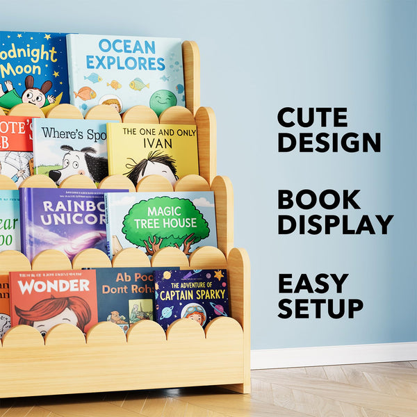 4-Tier Scalloped Kids Bookshelf – Front-Facing Wooden Bookcase