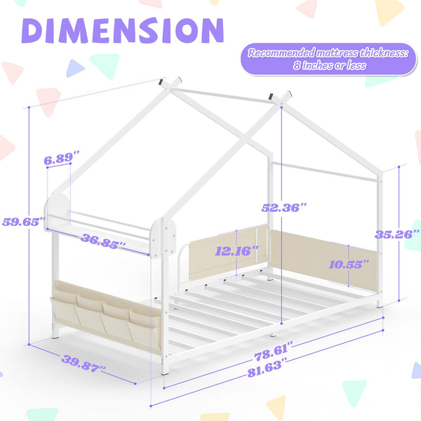 Kids House Bed Frame Twin Size with Storage Rack and Caddy