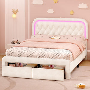 Queen Upholstered Bed Frame with LED Lights & Storage Drawers