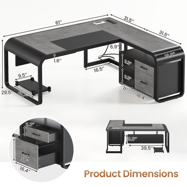 61 Inch L-Shaped Executive Desk with File Drawer, Power Outlets & CPU Stand