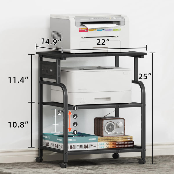 3-Tier Printer Stand with Power Outlet & Rolling Wheels