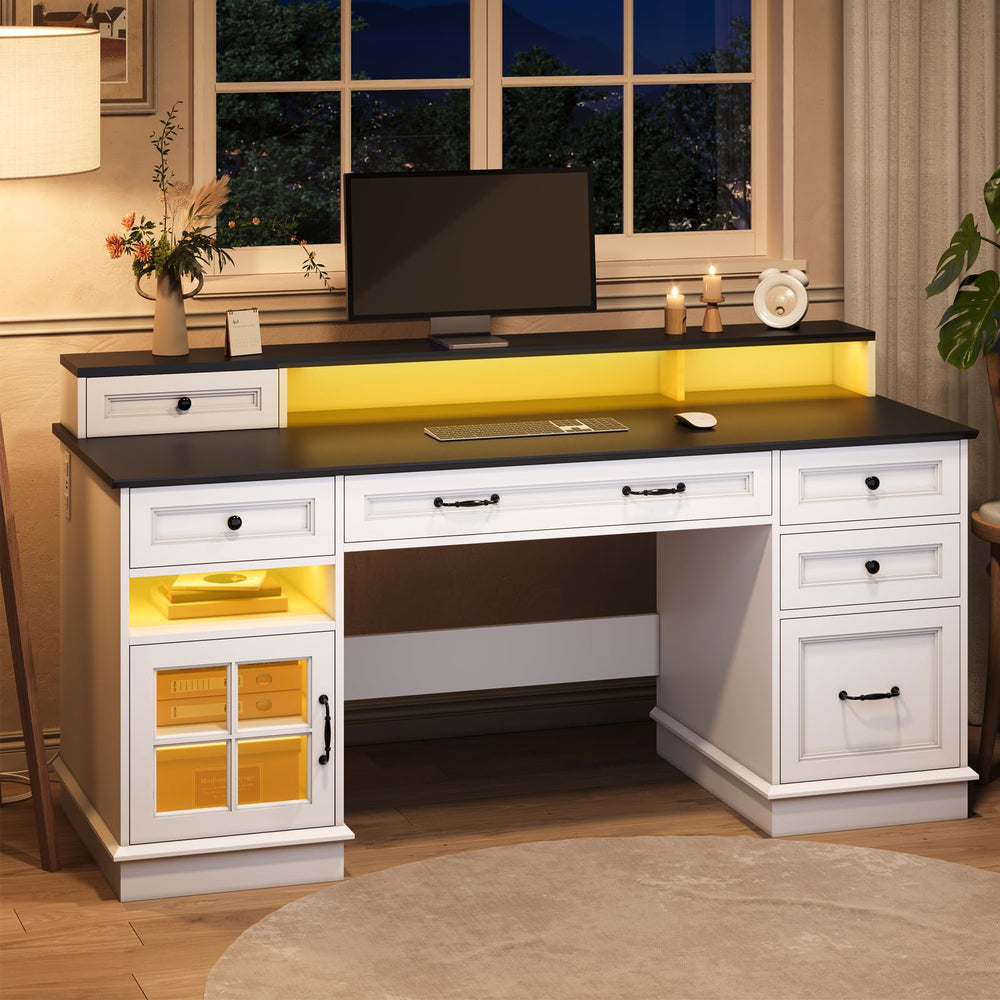 Farmhouse Executive Desk with Drawers, LED Lights & Power Outlet