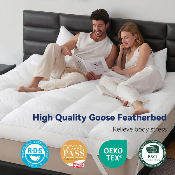 Dual-Layer Goose Feather Mattress Topper with Down Alternative Pillow Top