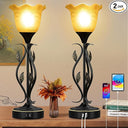 Dimmable Touch Table Lamps Set of 2 with USB Port & Glass Flower Shade