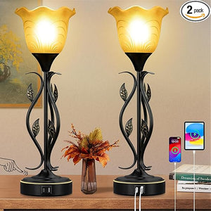 Dimmable Touch Table Lamps Set of 2 with USB Port & Glass Flower Shade