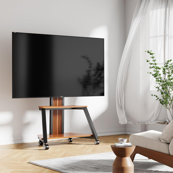 Heavy Duty Mobile TV Stand Rolling TV Cart with Wheels for 32-85 Inch Flat/Curved Led/LCD/OLED Portable Floor TV Stand with Wooden Shelves, Height Adjustable Holds up to 220lbs,Max VESA 600 x400mm