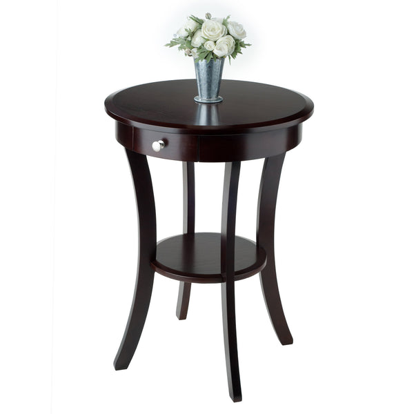 Round Wood Accent Table with Drawer and Shelf