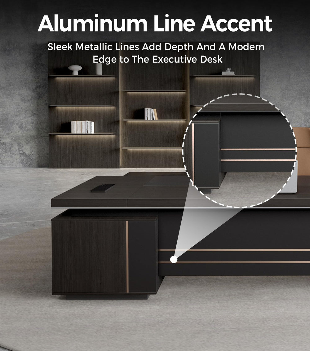 L-Shaped Executive Desk with Power Outlets, Drawers & Storage Shelves