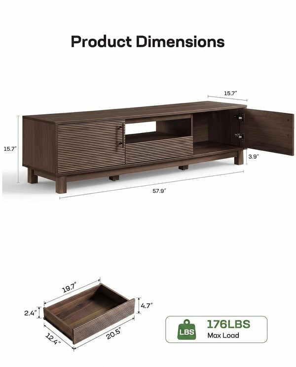 Amada 58" TV Stand for TVs up to 65 Inch, Fluted Entertainment Center with Storage Cabinets and Drawer, Mid Century Modern TV Console Table for Living Room & Bedroom, Walnut