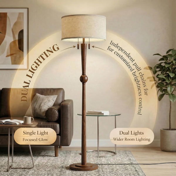 62.8" Solid Wood Floor Lamp with Linen Drum Shade & Pull Chain